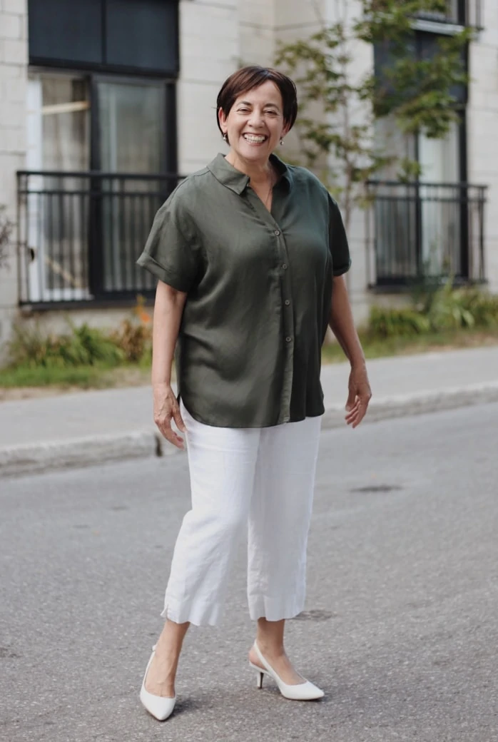 Woman after cataract surgery correct standing in street